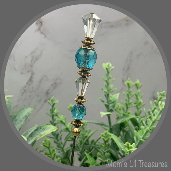 Turquoise Blue & Clear Crystal - Gold Tone Findings- 6” Pin • Hatpin • 4/25 - Picture 1 of 11